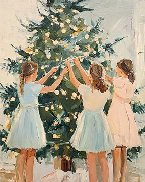 Jonge Meisjes Versieren Kerstboom van De Mooiste Kunst