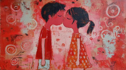 Jongen en meisje kussen roze-rood panorama