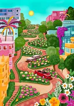 Lombard Street San Francisco USA kleurrijke illustratie van Aniet Illustration