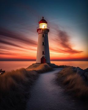 Vuurtoren bij zonsondergang van fernlichtsicht