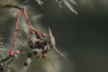 Papillon sur une branche avec des baies sur Digitale Schilderijen