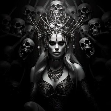 Gothic Royal Splendour: Schwarz-weiße Königin mit Totenköpfen von Minouche Hijkoop