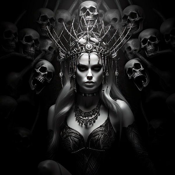 Gothic Royal Splendour: Schwarz-weiße Königin mit Totenköpfen von Shine by Nous
