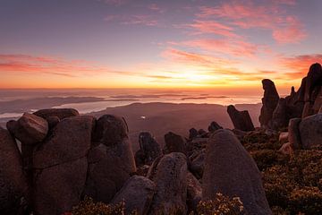 Red glowing sunrise over Mt Wellington near Hobart
