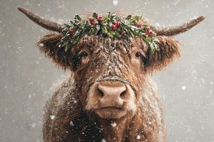 Highlander mit Weihnachtskranz Verschneites Porträt voller festlichem Charme