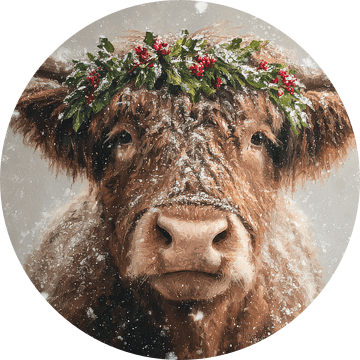 Hooglander met Kerstkrans Sneeuwachtig Portret vol Feestelijke Charme