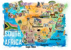 Illustrierte Karte von Südafrika – Safari-Reiseerinnerung als Druck, Wanddekoration für Kapstadt, Geschenk aus Afrika