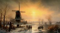Hollands winterlandschap schilderij met molen van Preet Lambon thumbnail