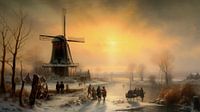 Dutch winter landscape painting with windmill