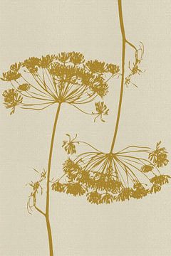 Moderne botanische illustratie in okergeel en wit van Dina Dankers