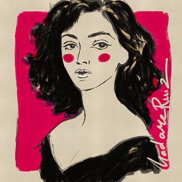 Digitale portrettekening in inktstijl – elegante vrouw met rode blos van MadameRuiz