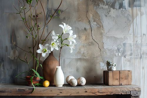 Landelijk stilleven van een houten tafel vasen met witte bloemen en beton achtergrond