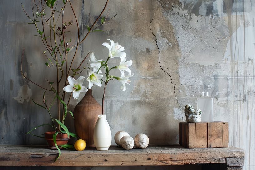 Country still life of a wooden table vase with white flowers and concrete background by Digitale Schilderijen