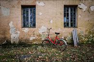 Rotes Fahrrad am verlassenen Haus von Inge van den Brande Miniaturansicht