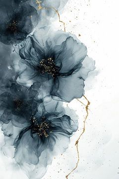 Abstrakte Blumen in Schwarz mit weißem Hintergrund und goldenen Elementen von Digitale Schilderijen