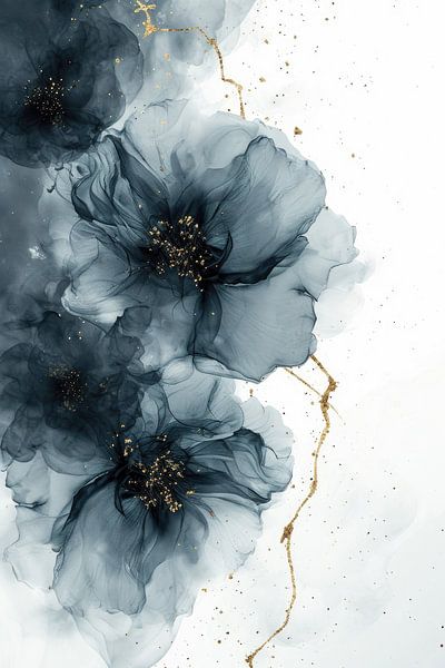 Abstract flowers in black with white background and gold elements by Digitale Schilderijen
