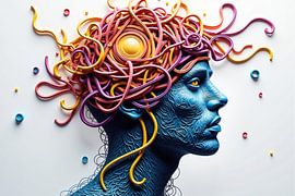 Blauer Mann im Flow-Zustand mit bunten Gedanken explodiert