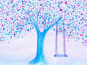 The confetti tree ( Watercolour of fairy tree with swing in pastel colours) by Birgitte Bergman
