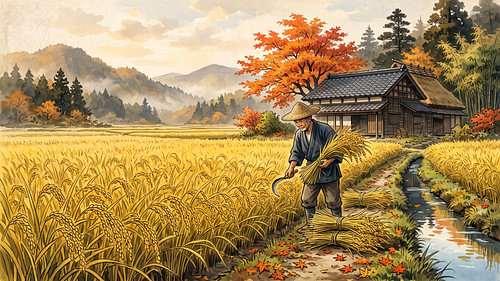 Autumn Harvest Across Japanese Rice Fields