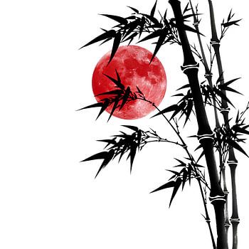 Elegance of Silence: Japanese Ink Wash Painting of Bamboo and Crimson Moon