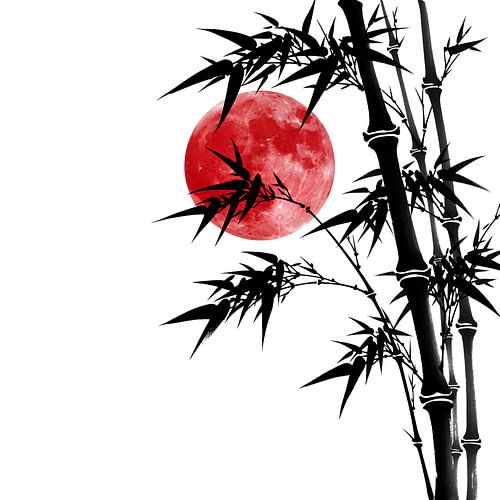 Elegance of Silence: Japanese Ink Wash Painting of Bamboo and Crimson Moon