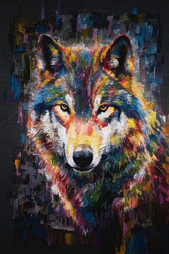 Loup abstrait dynamique et coloré sur De Muurdecoratie