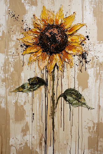 Expressieve zonnebloem op canvas