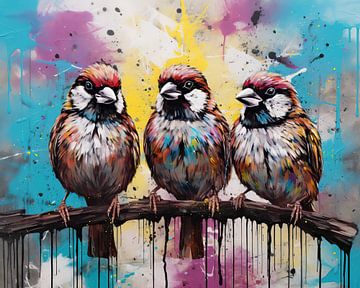 Colourful Sparrows | Colourful Bird Art by Blikvanger Schilderijen