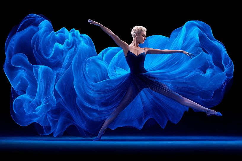 une femme danse sur scène avec une robe bleue par Egon Zitter