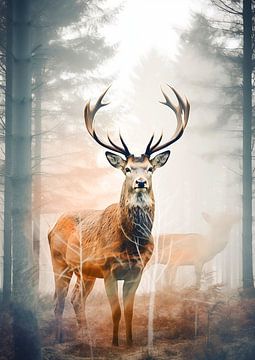 Deer in a misty forest by Jan Bechtum