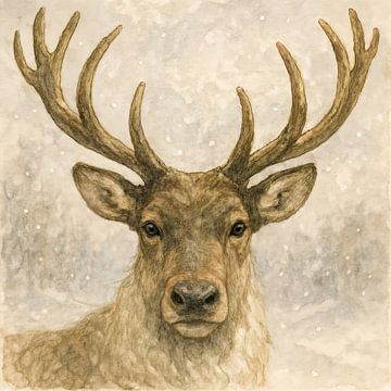 Edelhert in de sneeuw (AI) (sneeuw, winter, Kerstmis, sfeervol, gewei, sereen, aquarel, schilderij, realistisch, gedetailleerd, hert, natuur) van Natalie Bruns