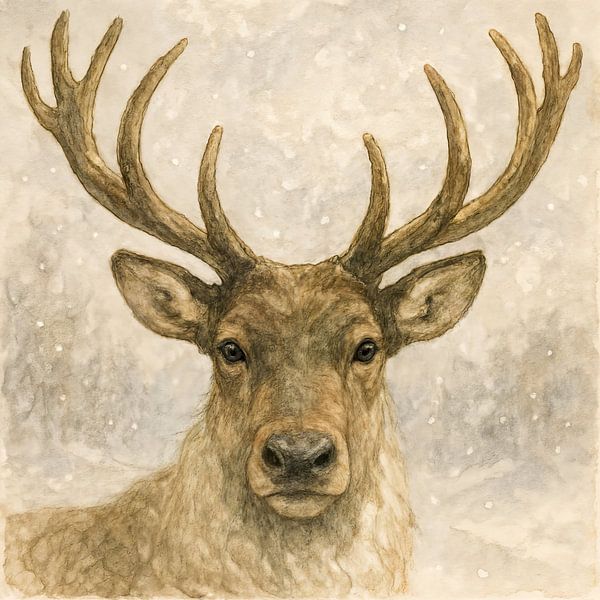 Edelhert in de sneeuw (AI) (sneeuw, winter, Kerstmis, sfeervol, gewei, sereen, aquarel, schilderij, realistisch, gedetailleerd, hert, natuur) van Natalie Bruns
