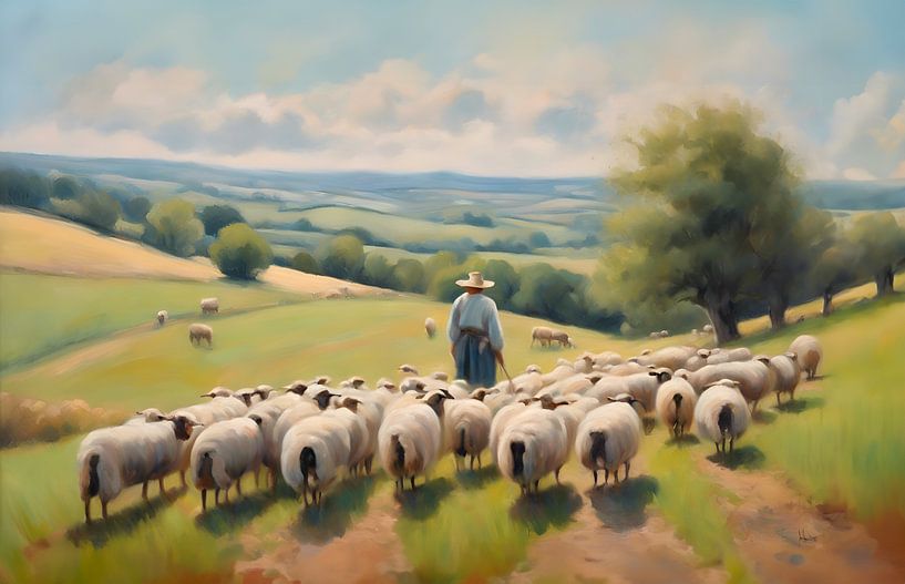 Berger avec son troupeau dans les collines françaises par Kees van den Burg