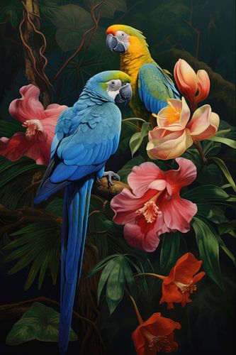 Papegaaien met Tropische Bloemen -  Kleurrijke Schilderkunst