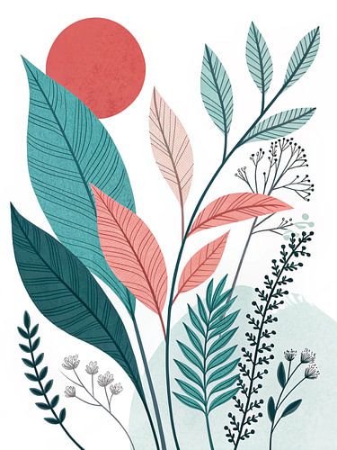 Boheemse Sereniteit bij Zonsondergang: Een levendige botanische illustratie van weelderige bladeren en abstracte vormen