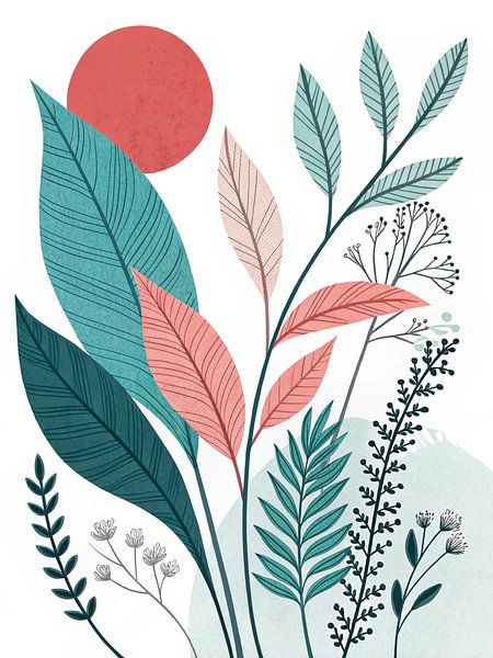 Boheemse Sereniteit bij Zonsondergang: Een levendige botanische illustratie van weelderige bladeren en abstracte vormen van Artistic