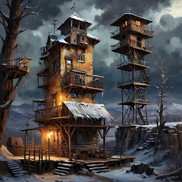 tower-like buildings in the wild west, steampunk by Nick Wendt