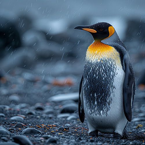 Un manchot royal sous la pluie, parsemé de gouttelettes d'eau