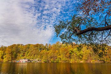 View over the lake Schmaler Luzin to the autumn field mountains