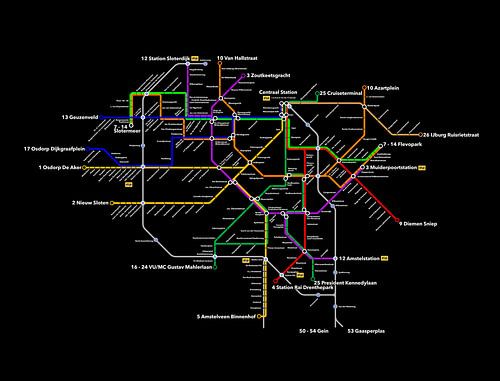 Tramlijnen van Amsterdam zwart