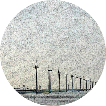 Lange rij windmolens aan de oever van een meer van Susan Hol