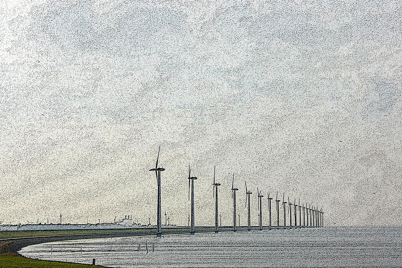 Lange Reihe von Windmühlen am Ufer eines Sees von Susan Hol