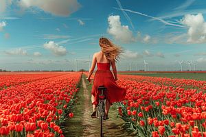 vrouw fietst door tulpenveld van Egon Zitter