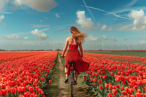 woman cycles through tulip field