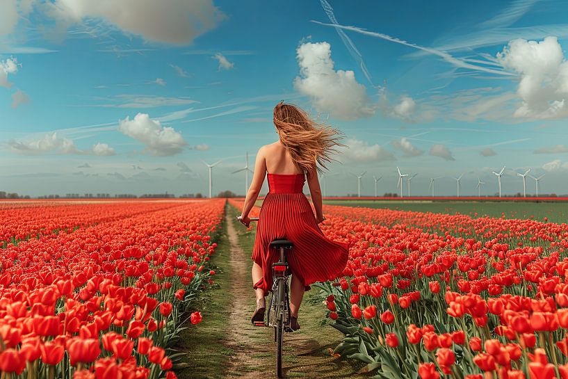 woman cycles through tulip field by Egon Zitter