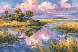 Tranquil river landscape in the evening light by NJ Midnight Studio