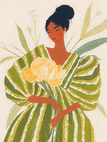 Femme en robe rayée verte avec des fleurs jaunes dans une composition rêveuse