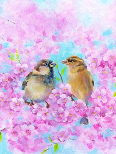 Zwei Spatzen zwischen rosa Kirschblüten von Karen Kaspar