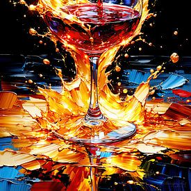 Wijnglas tussen vloeibaar goud, robijnrode spetters en het genot van rode wijn in een restaurant van AidasignArt