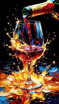 Wijnglas tussen vloeibaar goud, robijnrode spetters en het genot van rode wijn in een restaurant van AidasignArt